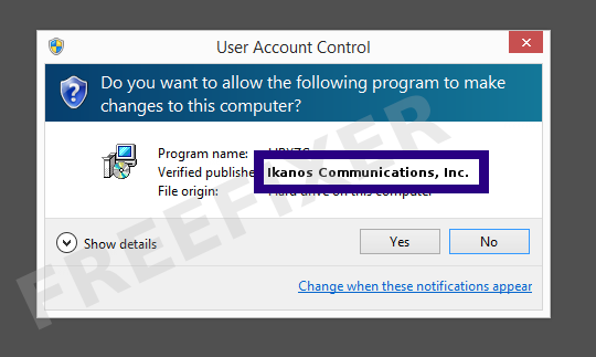 Screenshot where Ikanos Communications, Inc. appears as the verified publisher in the UAC dialog